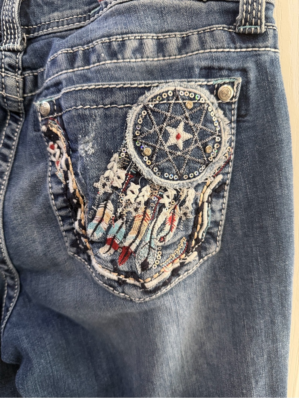 Grace Blue Denim Bootcut Jeans with Embroidered Dreamcatcher Pocket